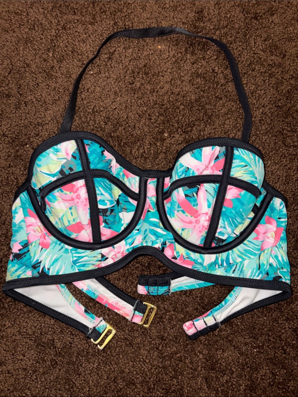 Tropical Floral Underwire Bikini Top - Turquoise & Pink